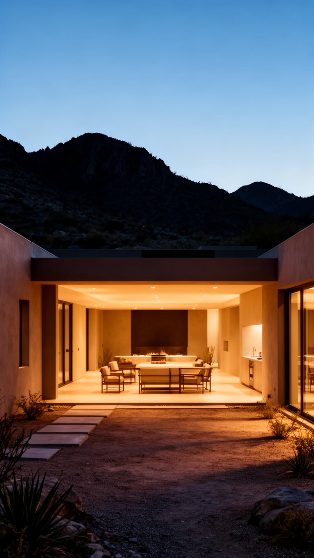 Luxury custom home courtyard at twilight in Scottsdale, Arizona